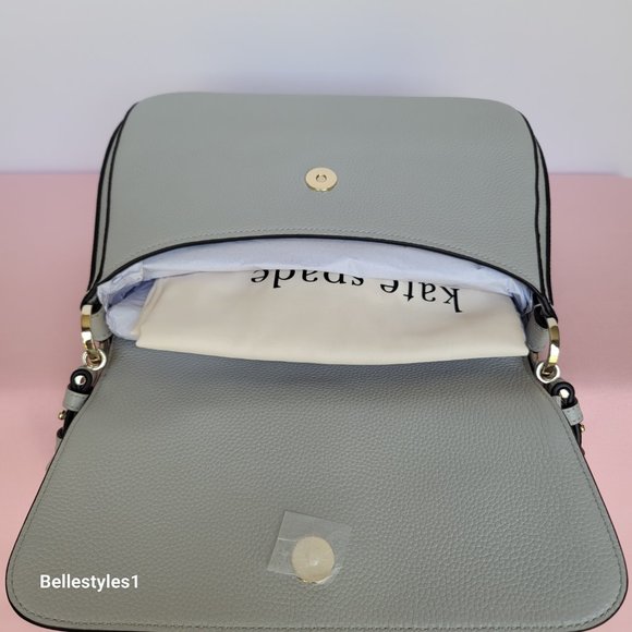 KATE SPADE Hudson Pebbled Leather Medium Flap Convertible Shoulder Bag-Platinum⭐ - Picture 11 of 16